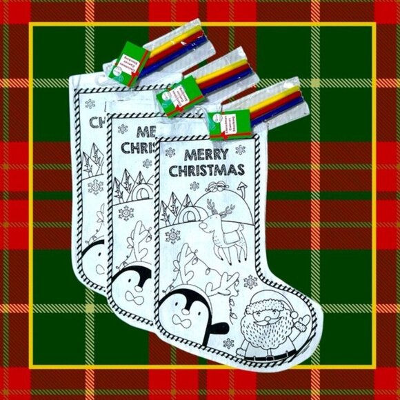 Christmas Stockings Canvas DIY Color Your Own With Markers Kit Fabric 3 Pieces - Picture 1 of 16